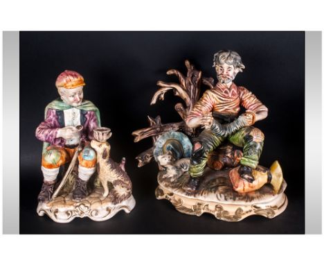 Capo Di Monte Two Figures Marked Naples, one depicting an accordion player & a man with a dog eating soup. 