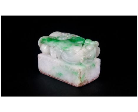 Fine Chinese Green Jade Seal finely carved with lotus fruits and leaves, with a small Lizard eating fruits. Carved key patter