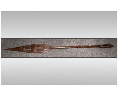 Antique Native Carved Hardwood Ceremonial Paddle/Spear decorated with Geo-Metric Shaped interlaced with Lizard type animals. 