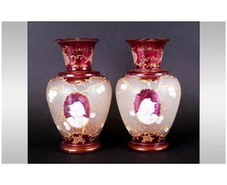 A Pair Of Impressive Bohemian Portrait Ruby & Cameo Glass Vases, Circa 1880's with gold overlay. Each stands 8.5" in height. 