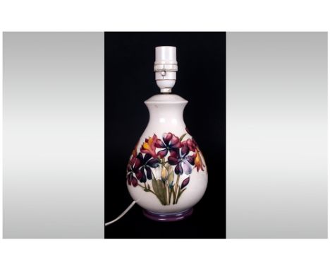 Moorcroft Lamp Base ' Spring Flowers ' Design on White Ground. c.1950's. 10.5 Inches High. 
