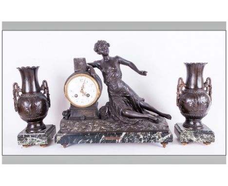 French 19th Century Fine & Impressive Figural Garniture Clock Set Mounted on marble bases. The clock with 4 adjustable brass 