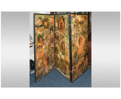 19thC Black Lacquered Framed Folding Three Panel Screen decorated throughout with Victorian dated scraps to each panel 'Made 