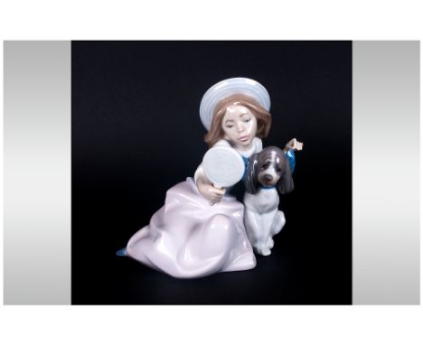 Lladro Figure ' Who's The Fairest ' Girl with Dog. Model Num 5468. Issued 1988-2001. Sculptor Juan Huerta. Height 5.5 Inches.