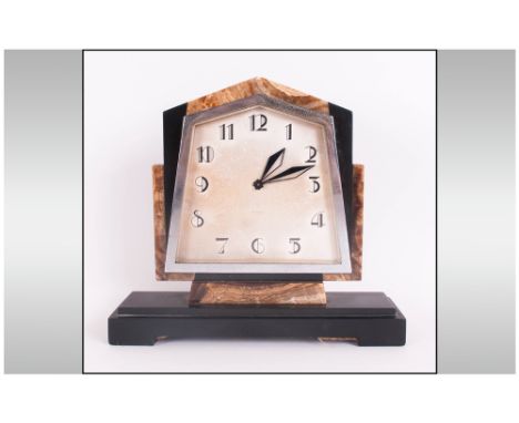 Art Deco Impressive Chrome & Marble 8 Day Mantle Clock with classic art deco lines. Swiss made. Stands 7.25" in height. Excel