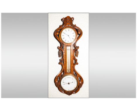 Antique English Highly Carved Oak Cased Clock/Barometer with thermometer Circa 1900-1910. All aspects of condition are good. 