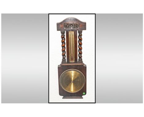 1920's Solid Oak Cased Barometer/Thermometer with barley twist columns. 27" in height.