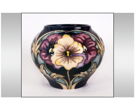 Moorcroft Bulbous Vase 'Pansy' design. Designer Racheal Bishop. Date 24-01-08. First quality. 4.25 inches high. 