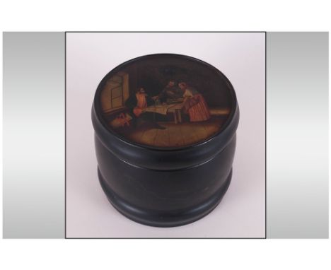 Russian Fedoskino Lacquered And Painted Box Looks To Be From The Vishnyakov Workshop, Keg Shaped, The Cover Depicting An Inte