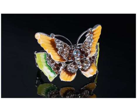 Crystal and Enamel Butterfly Cuff Bangle, the butterfly wings in yellow and caramel, plus two shades of green, sparkling enam