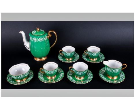 Windsor Vintage Bone China 13 Piece Part Tea Service, Green & Gold Colourway with white enamel leaf decoration. All pieces ar