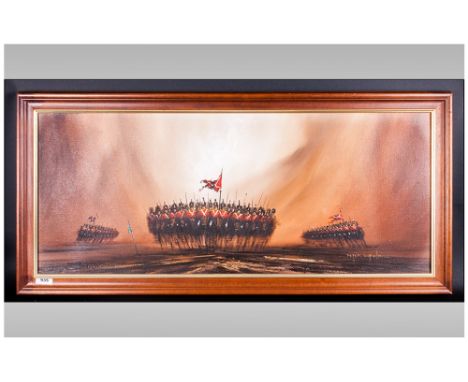 Peter Duffield 20th Century Artist Panoramic View Of The Charge Of The Light Brigade' oil on canvas. Signed. 14.5x35.5"