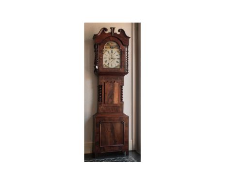 Large Early Victorian Mahogany Cased Grandfather Clock with an arched decorated enamel face depicting county with an eight da