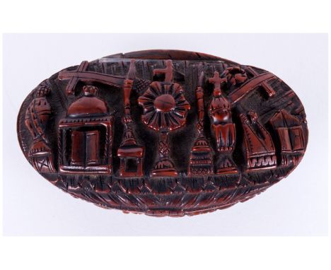 Late 18th/Early19th Century Carved Coquilla Nut Snuff Box, the hinged lid covered with hand carved, well detailed, representa