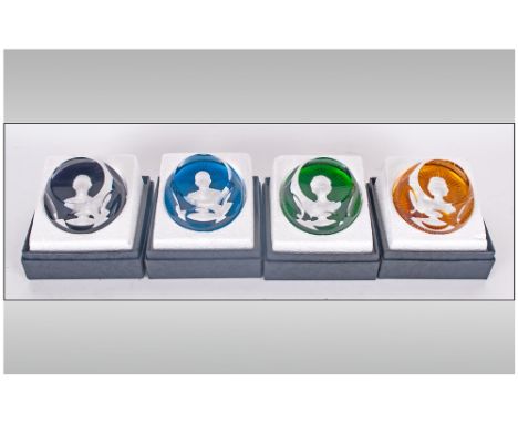 Baccarat Cut Crystal And Cameo Set Of Four Paperweights Of The Royals Commissioned By John Pinches Ltd. Each one features a m