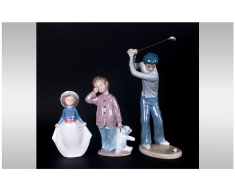 Nao by Lladro Figures ( 2 ) In Total. Heights 7.75 & 6.25 Inches + A Casades / Lladro Style Golf Figure. 11 Inches High. 