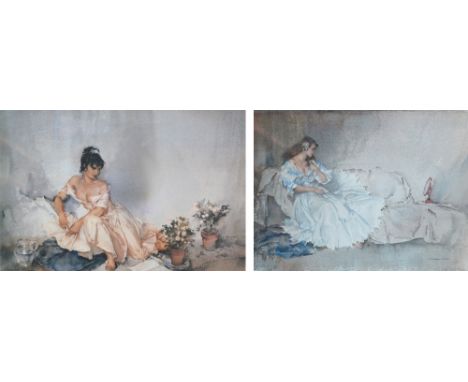 After WILLIAM RUSSELL FLINT (1880-1969); two limited edition coloured prints, a woman seated on a sofa looking at a mirror, 5