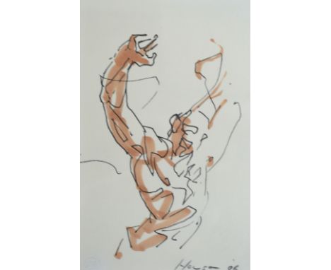 PETER HOWSON (b.1958); ink sketch with body colour, figure stretching, signed and dated '06, no.28 in pencil lower left, 14 x