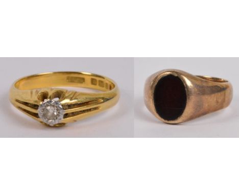 An 18ct yellow gold and diamond solitaire ring, the stone in high illusion setting weighing approx 0.06cts, size R/S, and a r