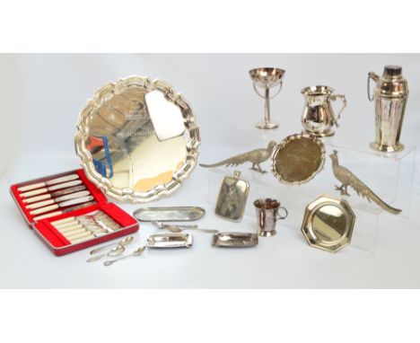 A large quantity of various electroplated items including a cased set of flatware, a golf trophy and golf related hip flask, 