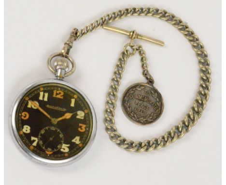 JAEGER-LECOULTRE; a military issue chrome cased open face crown wind pocket watch, the black circular dial set with Arabic nu