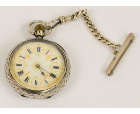 A late 19th/early 20th century Swiss silver three bear cased open face crown wind fob watch, the circular enamelled gilt heig