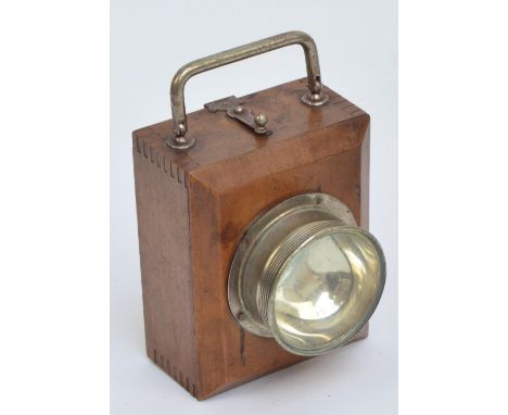 A wooden hand and bicycle front light with swing loop handle and sliding back plate, height approx 15cm.