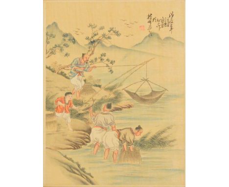 A pair of Chinese watercolours on silk, one depicting court scene with a noble and attendants bringing him peaches as gifts, 