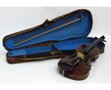 A full sized German violin with two-piece back, length 36cm, with repair label to interior for L.T. Chappell dated 18/12/31, 