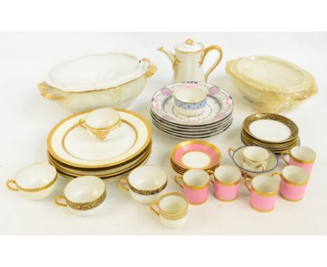 A quantity of Limoges porcelain including a set of six bowls with printed pink and black design of nude and scantily clad fig