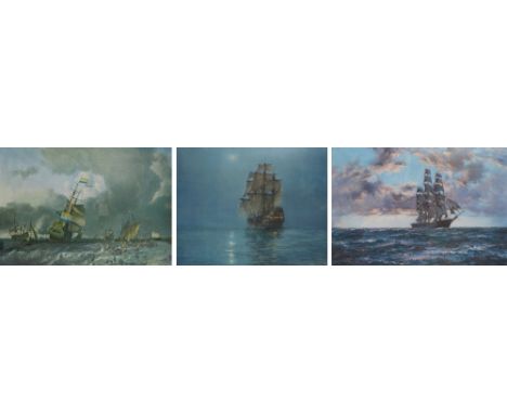 MONTAGUE DAWSON (1890-1973); two large signed coloured prints of sailing ships, signed in pencil to lower right, and a furthe
