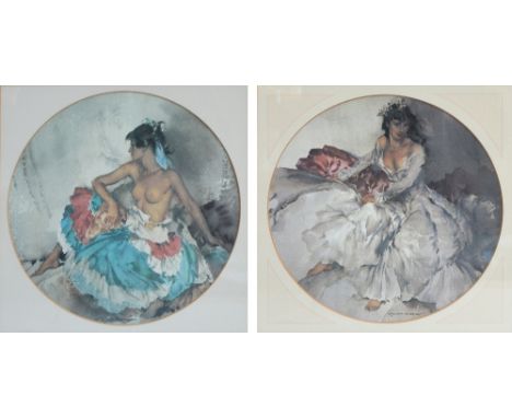 After WILLIAM RUSSELL FLINT (1880-1969); two coloured prints, a semi nude female seated on the floor, and a woman in her wedd