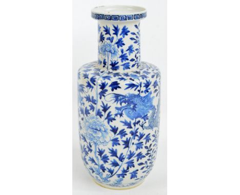 A late 19th century Chinese porcelain vase of baluster form with cylindrical ribbed neck, painted in underglaze blue with two