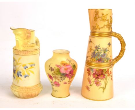 A Royal Worcester blush ivory jug of tapering form with gilt heightened floral decoration, puce mark to base "1047", dated 18