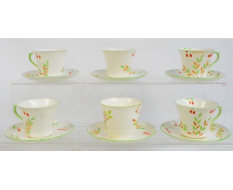 A set of six Shelley cups and saucers, pattern number 781, height of cup 7cm. CONDITION REPORT: One cup has a hairline to the
