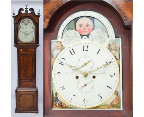 An early 19th century oak and mahogany eight day longcase clock, the arched painted enamel dial with moon phase set with Arab