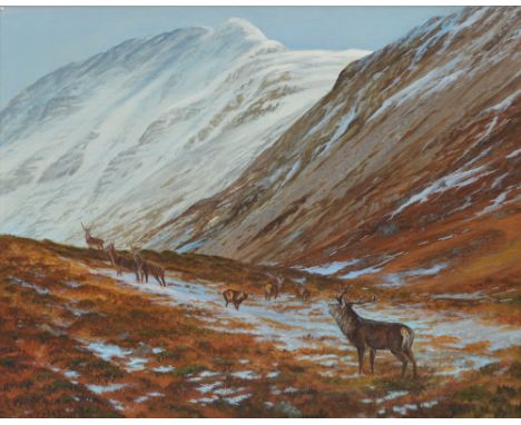 ELIZABETH M. HALSTEAD (20th century); oil on board, stags and hinds in a highland landscape, signed lower right, 39 x 49cm, f