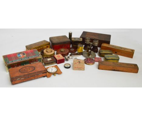 A quantity of collectors' items including a primus stove in a tin, binoculars, pencil boxes, a collection of nibs, tape measu