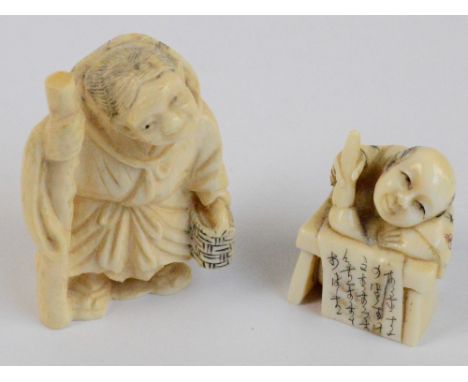 A Japanese Meiji period carved ivory netsuke modelled as a gentleman holding a staff and a basket, signed, height 5cm, and a 