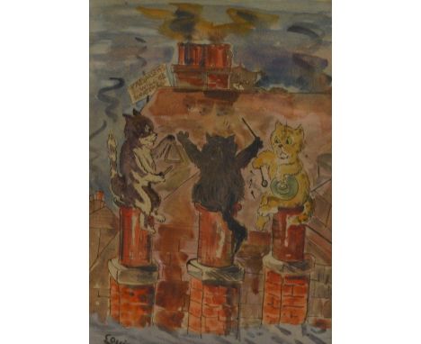 In the manner of LOUIS WAIN; watercolour, pen and ink, three cats sitting on a roof playing instruments, shield in the backgr