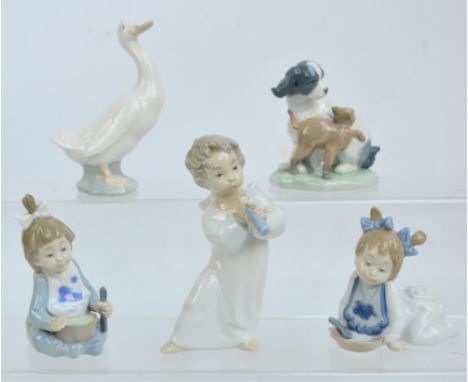 Four Nao figures comprising a goose, a dog playing with a cat, two girls eating porridge and an angel playing a trumpet (5).