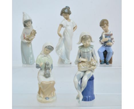 Four Nao porcelain figures comprising a girl dancing, a harlequin with a cat, a girl with a rabbit and a boy with a dog, also