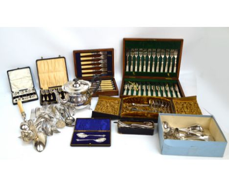 A quantity of plated items including a teapot, cased and loose flatware including sets of fruit knives, etc, and a crumb scoo