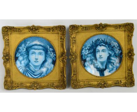 A pair of 19th century Minton's porcelain shallow chargers, each later painted with a pre-Raphaelite style portrait of young 