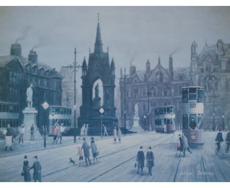 ARTHUR DELANEY (1927-1987); a signed limited edition coloured print, a figural city scene with trams, signed in pencil to low