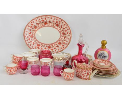 A Victorian pink ground gilt heightened moon flask, a Derby platter and part tea service, a small collection of cranberry gla