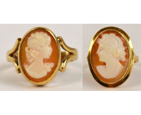 Two 9ct yellow gold cameo rings, size L/M and L, approx 7g (2). 
