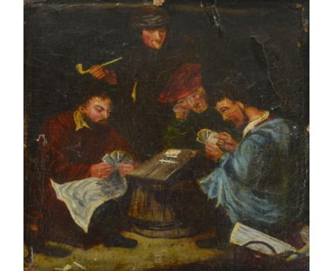 19TH CENTURY CONTINENTAL SCHOOL; oil on card, figures playing cards around a barrel, unsigned, 18.5 x 18.5cm, unframed.
