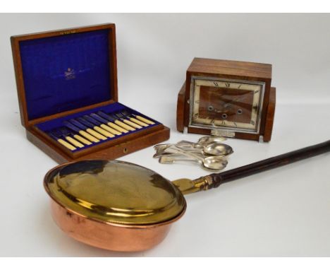A mixed lot including a copper and brass 19th century warming pan, an Art Deco mantel clock, the square silvered chapter ring