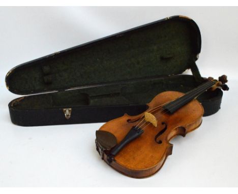 A full sized German violin, Stradivarius copy, with two-piece back, length 36.3cm, bears label, cased.